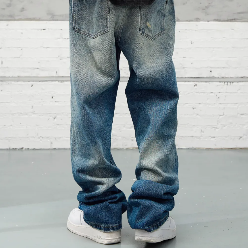American High Street Washed Fake Hole Gradient Ripped Jeans